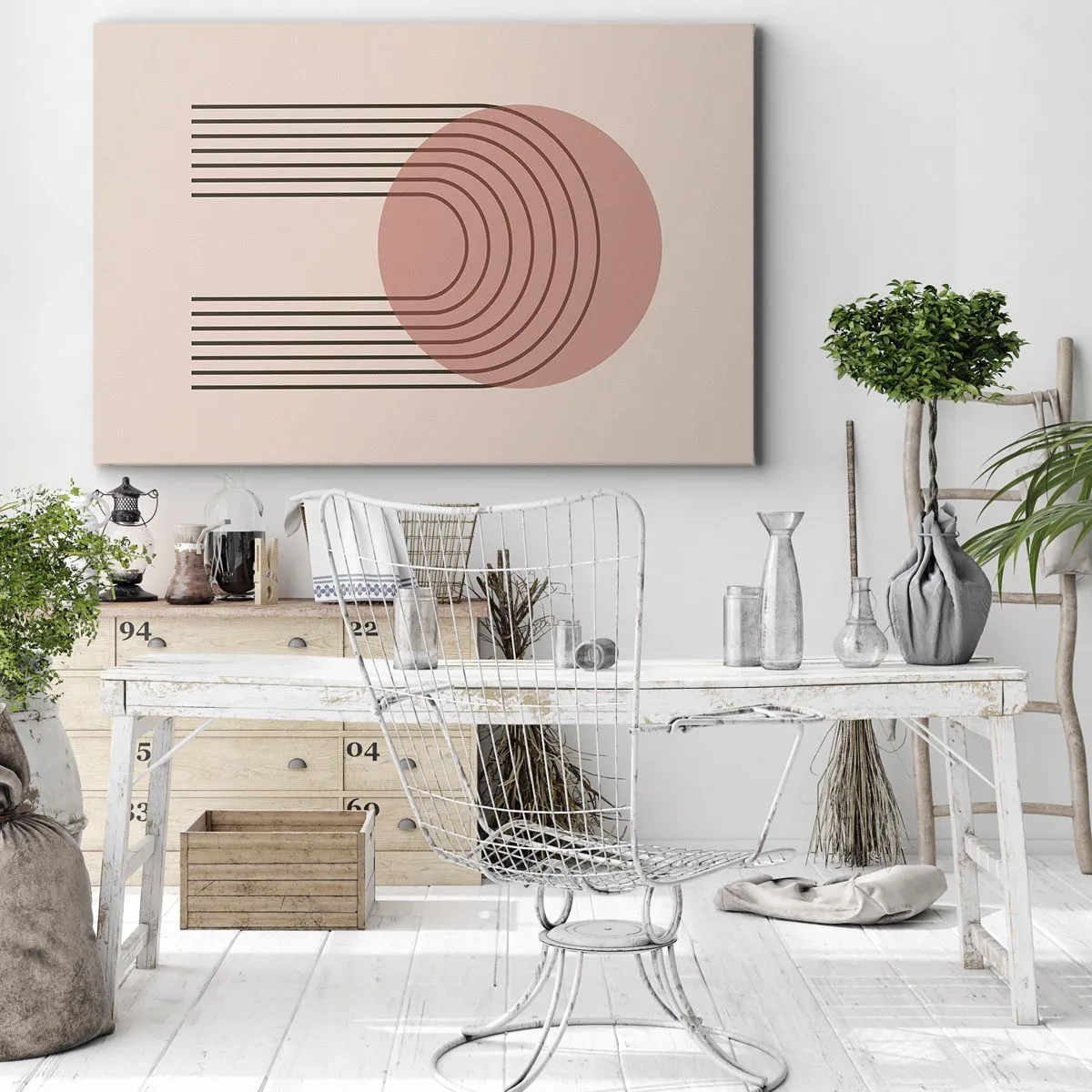 Obraz na płótnie - Abstrakcyjny motyw z różowym okręgiem i liniami - 100x70cm - Nieodparte przyciąganie - Nowoczesna dekoracja ścienna do salonu, kuchni i sypialni ARTTOR