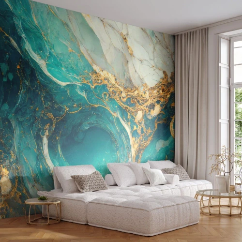 Fototapeta Premium Sand - Turkusowo-złota abstrakcja przypominająca kamień szlachetny - 100x70cm - Kompozycja z żyłami złota - Nowoczesna dekoracja ścienna do salonu, kuchni i sypialni ARTTOR