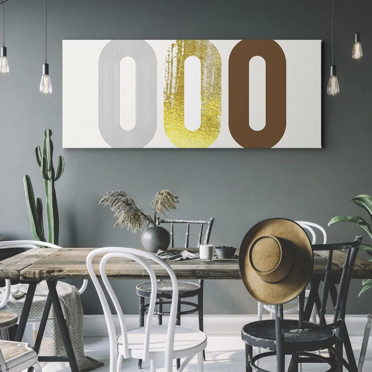 Obraz na płótnie - Abstrakcyjny motyw trzech geometrycznych kształtów - 140x50cm - Ooo! - Nowoczesna dekoracja ścienna do salonu i sypialni ARTTOR