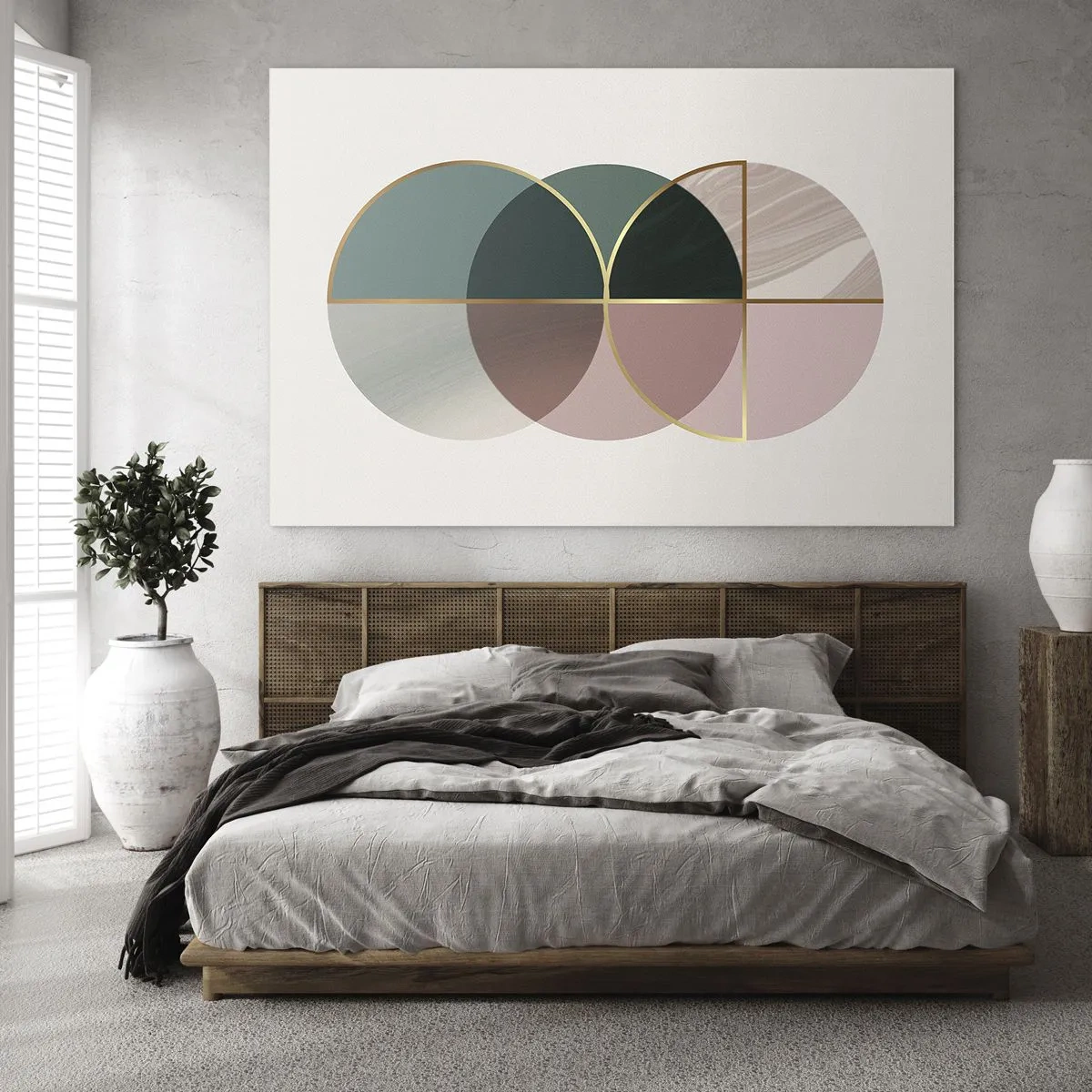 Obraz na szkle - Geometryczne figury z odcieniami zieleni i różu na jasnym tle - 120x80cm - Koło za kołem… - Nowoczesna dekoracja ścienna do salonu, kuchni i sypialni ARTTOR
