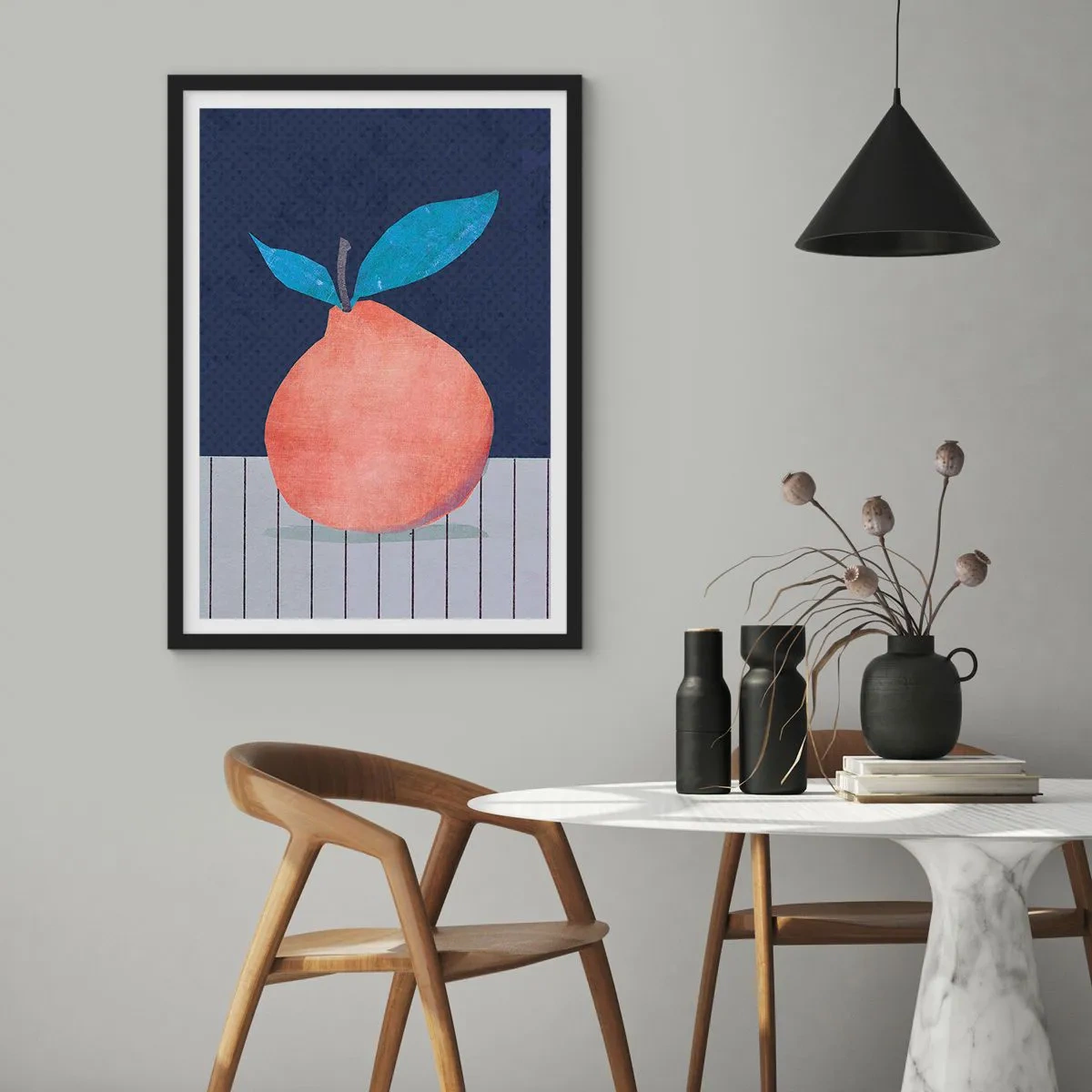 Plakat w czarnej ramie - Minimalistyczna ilustracja pomarańczy na granatowym tle - 50x70cm - Wypukłość i płaszczyzna - Nowoczesna dekoracja ścienna do salonu i sypialni ARTTOR