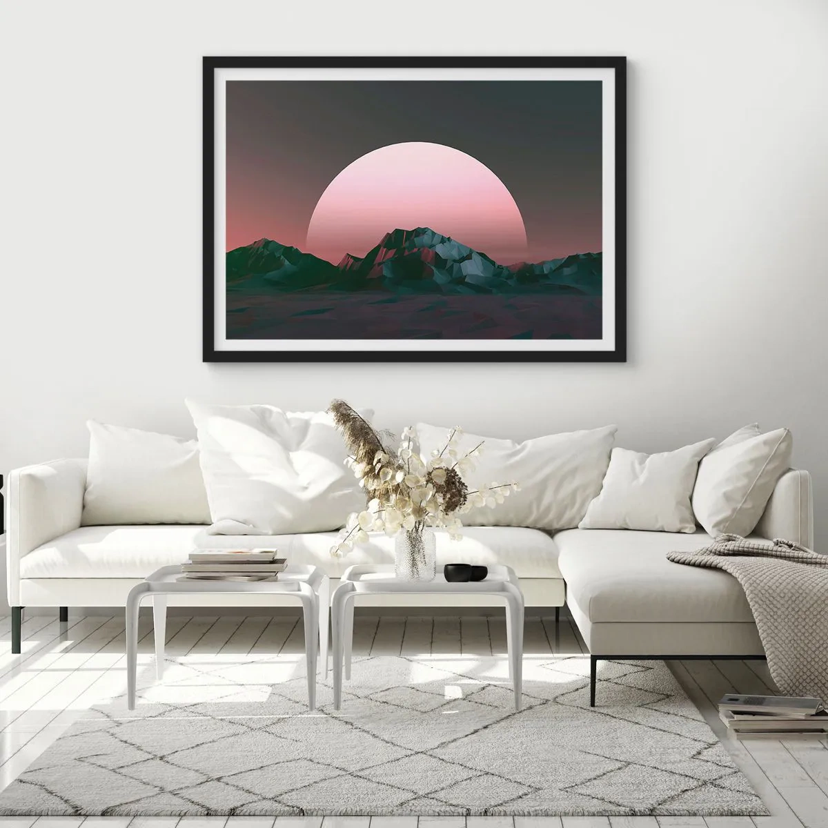 Plakat w czarnej ramie - Geometryczne góry z zachodzącym słońcem w tle - 70x50cm - W sąsiedniej galaktyce - Nowoczesna dekoracja ścienna do salonu i sypialni ARTTOR