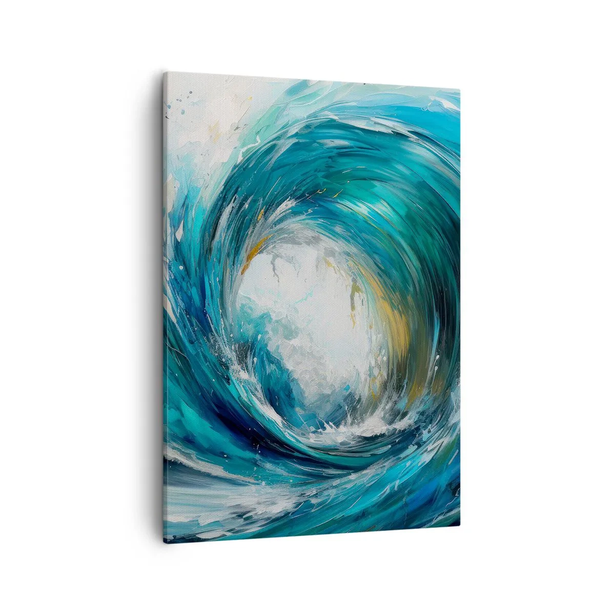 Obraz na płótnie - Dynamiczna fala oceaniczna tworząca wir w odcieniach błękitu i złota - 50x70cm - Morski portal - Nowoczesna dekoracja ścienna do salonu, kuchni i sypialni ARTTOR
