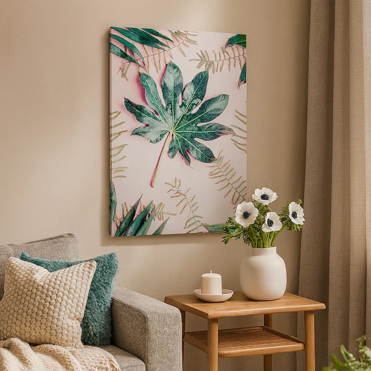 Obraz na płótnie - Liście tropikalne w odcieniach zieleni i różu na pastelowym tle - 50x70cm - Studium zieleni na różowym tle - Nowoczesna dekoracja ścienna do salonu, kuchni i sypialni ARTTOR