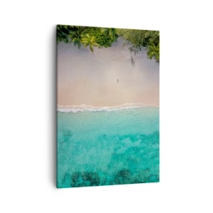 Obraz na płótnie - Plaża z turkusową wodą i tropikalną roślinnością z lotu ptaka - 50x70cm - Rajska plaża - Nowoczesna dekoracja ścienna do salonu, kuchni i sypialni ARTTOR