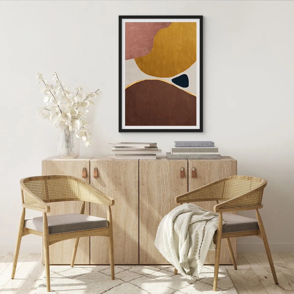 Plakat w czarnej ramie - Abstrakcyjna kompozycja geometryczna w ciepłych barwach - 50x70cm - Abstrakcja – miejsce w przestrzeni - Nowoczesna dekoracja ścienna do salonu i sypialni ARTTOR
