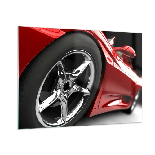 Obraz na szkle - Detal czerwonego sportowego samochodu z chromowaną felgą - 100x70cm - Stworzony do szybkości - Nowoczesna dekoracja ścienna do salonu, kuchni i sypialni ARTTOR