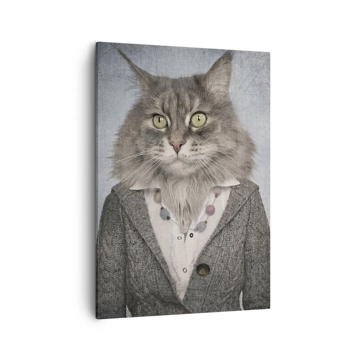 Obraz na płótnie - Postać w eleganckim stroju z głową kota na tle w stylu vintage - 50x70cm - Futra znów w modzie - Nowoczesna dekoracja ścienna do salonu, kuchni i sypialni ARTTOR