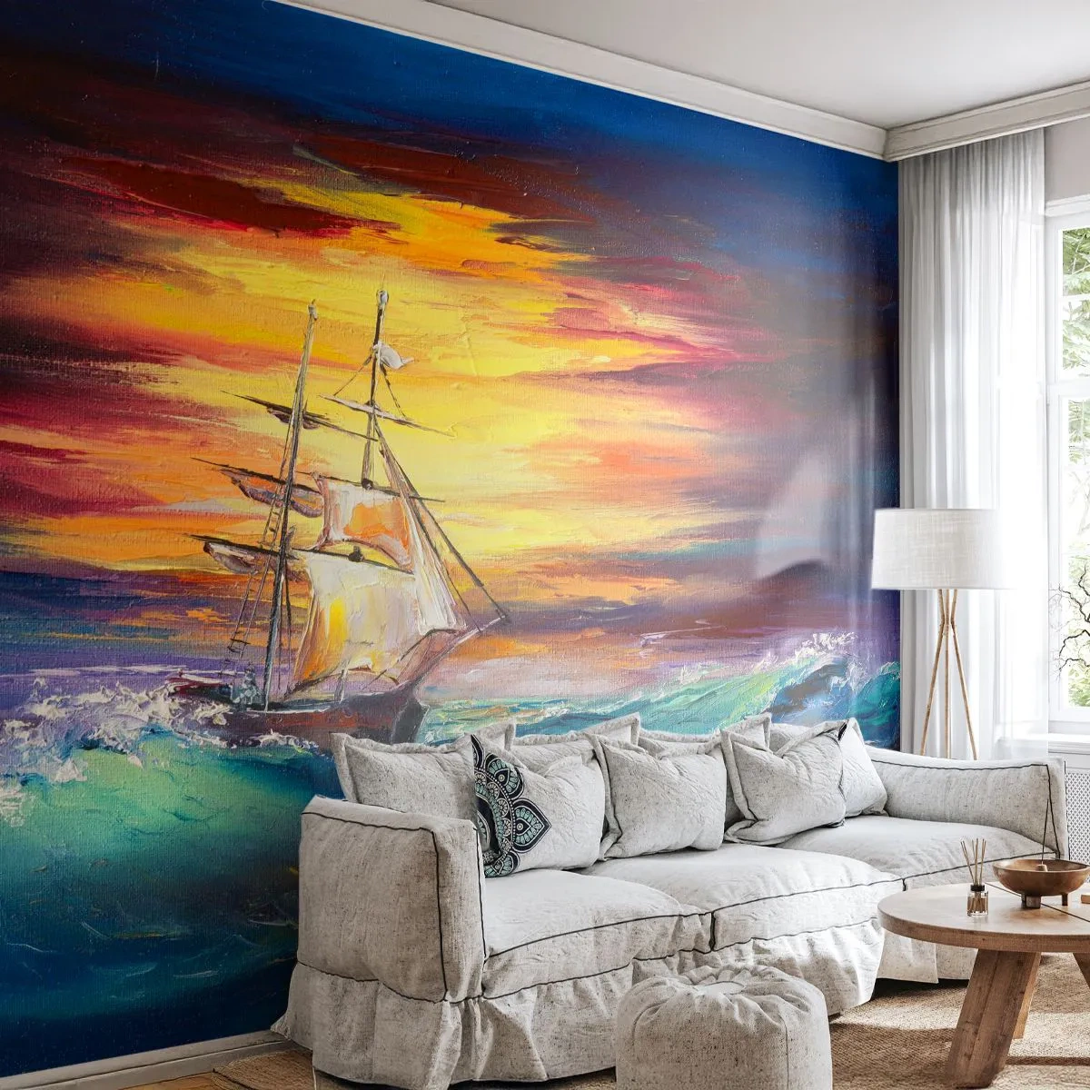 Fototapeta Premium Sand - Żaglowiec na wzburzonym morzu o zachodzie słońca - 100x70cm - Dzielnie pod fale - Nowoczesna dekoracja ścienna do salonu, kuchni i sypialni ARTTOR