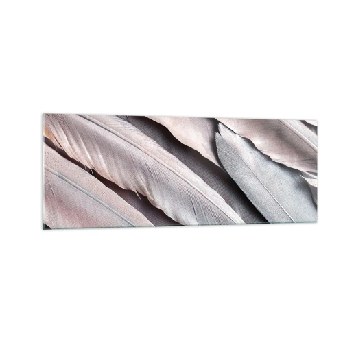Obraz na szkle - Delikatne pióra w subtelnych odcieniach szarości i beżu - 140x50cm - W różowej srebrzystości - Nowoczesna dekoracja ścienna do salonu i sypialni ARTTOR