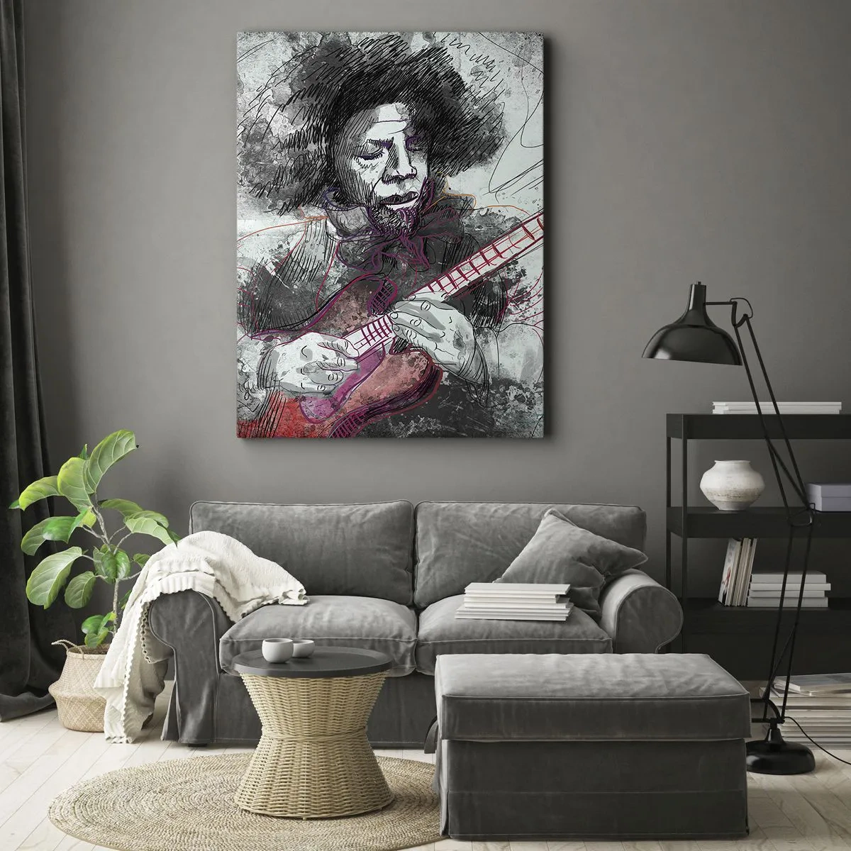 Obraz na płótnie - Artystyczny portret gitarzysty w ekspresyjnej kresce - 50x70cm - Na falach muzyki - Nowoczesna dekoracja ścienna do salonu, kuchni i sypialni ARTTOR