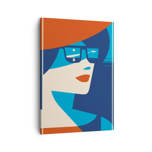 Obraz na płótnie - Grafika kobiety w okularach przeciwsłonecznych z odbiciem samolotu - 50x70cm - Wakacyjna podróż - Nowoczesna dekoracja ścienna do salonu, kuchni i sypialni ARTTOR