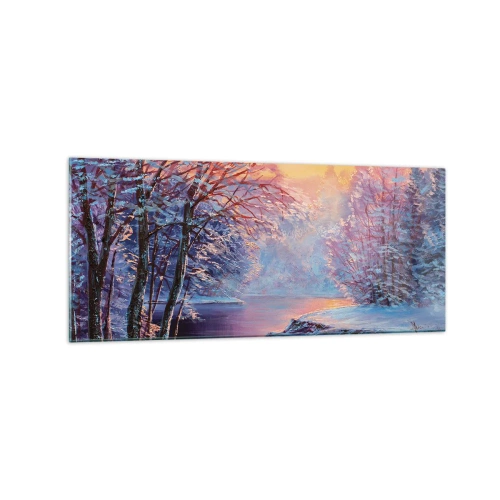 Obraz na szkle - Zimowy krajobraz z rzeką i drzewami o wschodzie słońca - 120x50cm - Barwy zimy - Nowoczesna dekoracja ścienna do salonu i sypialni ARTTOR