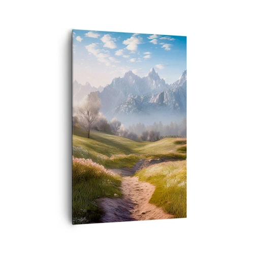 Obraz na płótnie - Górska dolina z łąkami, chatami i widokiem na szczyty - 80x120cm - Sielska dolina - Nowoczesna dekoracja ścienna do salonu i sypialni ARTTOR