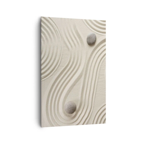 Obraz na płótnie - Minimalistyczny wzór zen z piaskiem i kamieniami - 80x120cm - Dotyk ciepła - Nowoczesna dekoracja ścienna do salonu i sypialni ARTTOR