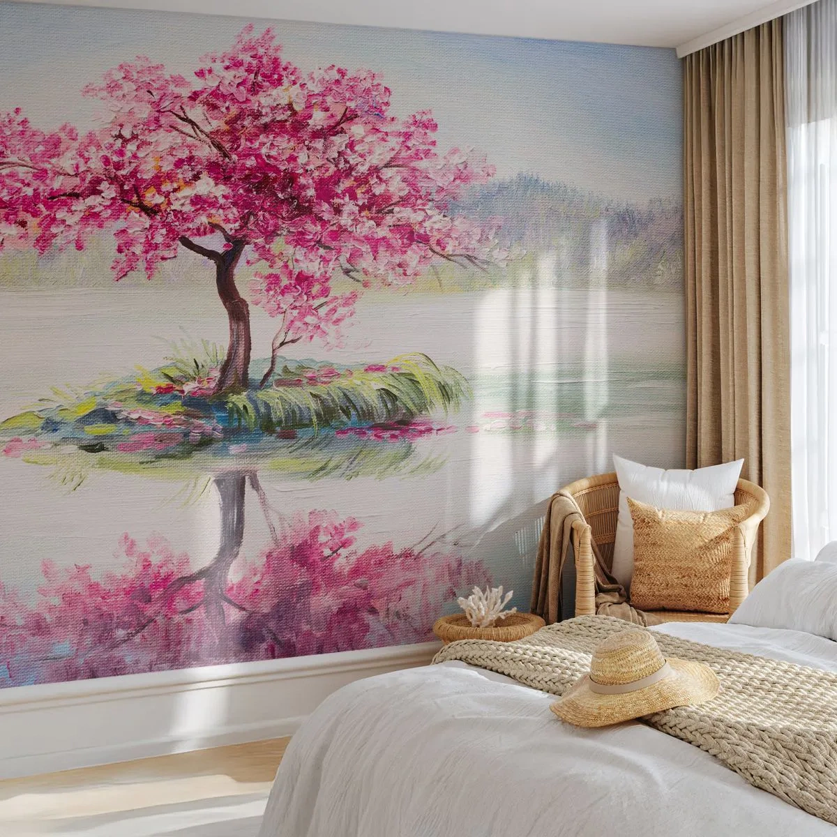 Fototapeta Premium Sand - Kwitnące drzewo nad wodą, odbicie w jeziorze - 100x70cm - Święto wiosny - Nowoczesna dekoracja ścienna do salonu, kuchni i sypialni ARTTOR