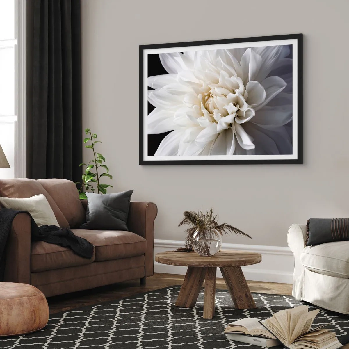 Plakat w czarnej ramie - Delikatny biały kwiat na czarnym tle w eleganckiej kompozycji - 70x50cm - Poranek Panny Młodej - Nowoczesna dekoracja ścienna do salonu i sypialni ARTTOR