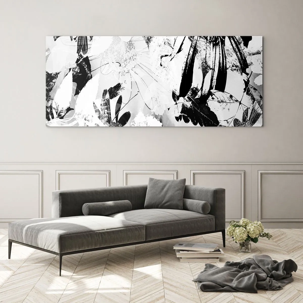 Obraz na szkle - Czarno-białe abstrakcyjne kwiaty w minimalistycznym stylu - 160x50cm - Jesień w negatywie - Nowoczesna dekoracja ścienna do salonu i sypialni ARTTOR