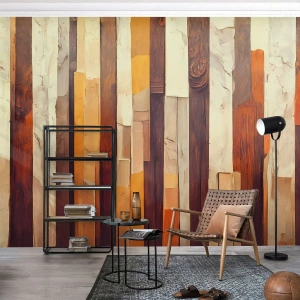Fototapeta Premium Canvas - Geometryczna kompozycja w odcieniach drewna i złota - 100x70cm - Hymn leśnych drzew - Nowoczesna dekoracja ścienna do salonu i sypialni ARTTOR