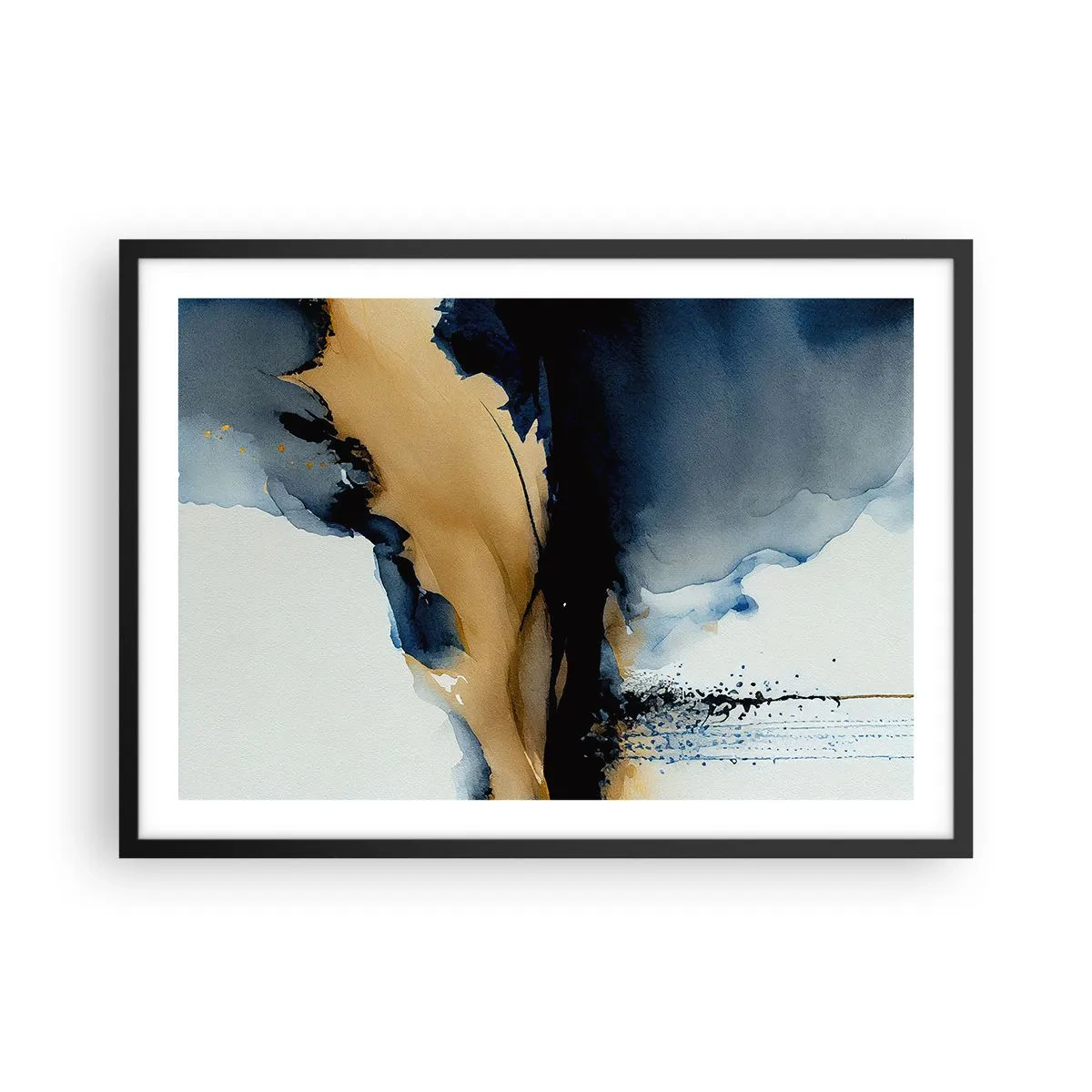 Plakat w czarnej ramie - Abstrakcyjna kompozycja w odcieniach granatu i złota - 70x50cm - Za zasłoną - Nowoczesna dekoracja ścienna do salonu i sypialni ARTTOR