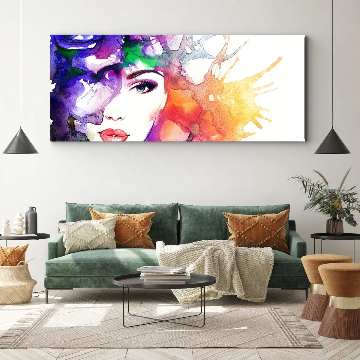 Obraz na płótnie - Portret kobiety w akwarelowych barwach z abstrakcyjnymi plamami - 160x50cm - Z głową w chmurach - Nowoczesna dekoracja ścienna do salonu i sypialni ARTTOR