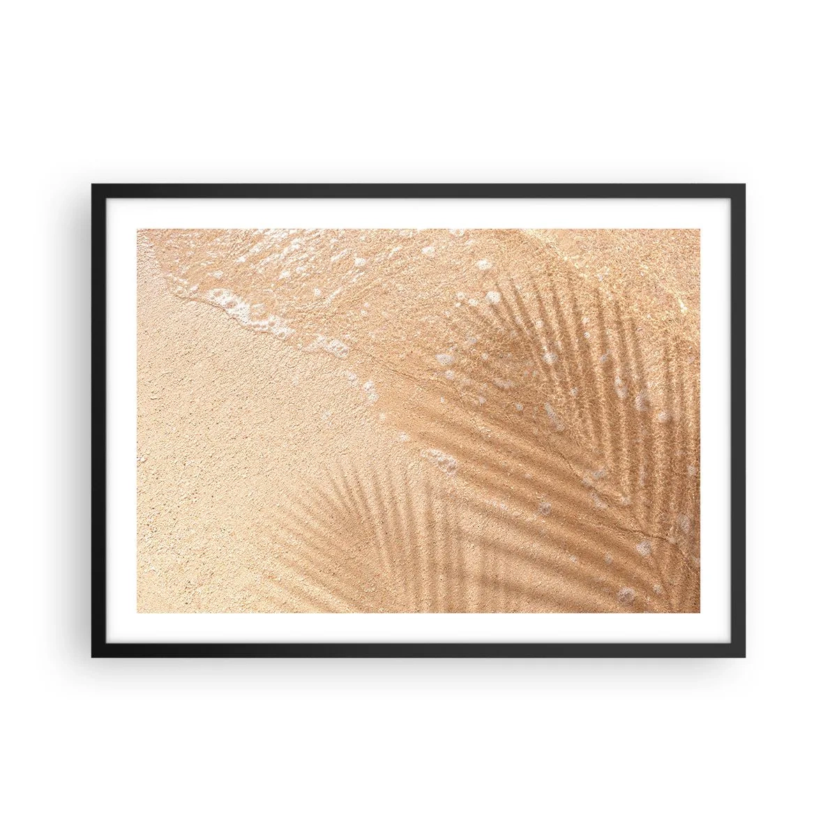 Plakat w czarnej ramie - Cień palmy na piasku z delikatnym wzorem fal - 70x50cm - Cień gorącego lata - Nowoczesna dekoracja ścienna do salonu i sypialni ARTTOR