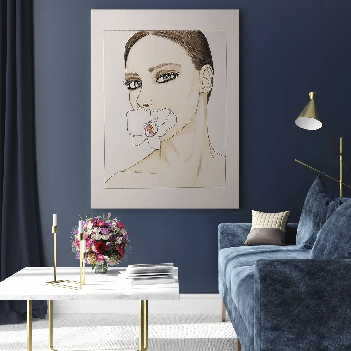 Obraz na szkle - Portret kobiety z orchideą w ustach na jasnym tle - 50x70cm - Symbol elegancji i piękna - Nowoczesna dekoracja ścienna do salonu, kuchni i sypialni ARTTOR