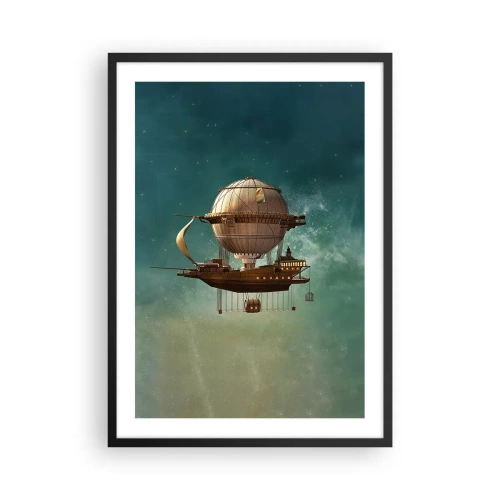 Plakat w czarnej ramie - Fantastyczny sterowiec unoszący się wśród gwiazd - 50x70cm - Juliusz Verne pozdrawia - Nowoczesna dekoracja ścienna do salonu i sypialni ARTTOR