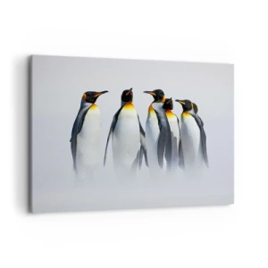 Obraz na płótnie - Grupa pingwinów cesarskich w zimowej mgle - 120x80cm - Spotkanie w wieczorowych strojach - Nowoczesna dekoracja ścienna do salonu, kuchni i sypialni ARTTOR