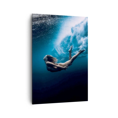 Obraz na płótnie - Podwodny kadr z kobietą i bąbelkami powietrza - 70x100cm - Współczesna syrena - Nowoczesna dekoracja ścienna do salonu i sypialni ARTTOR
