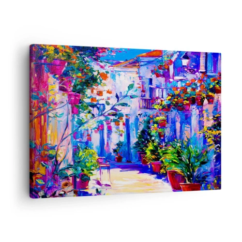 Obraz na płótnie - Kolorowa uliczka pełna kwiatów - 70x50cm - Impresja - włoska uliczka - Nowoczesna dekoracja ścienna do salonu i sypialni ARTTOR