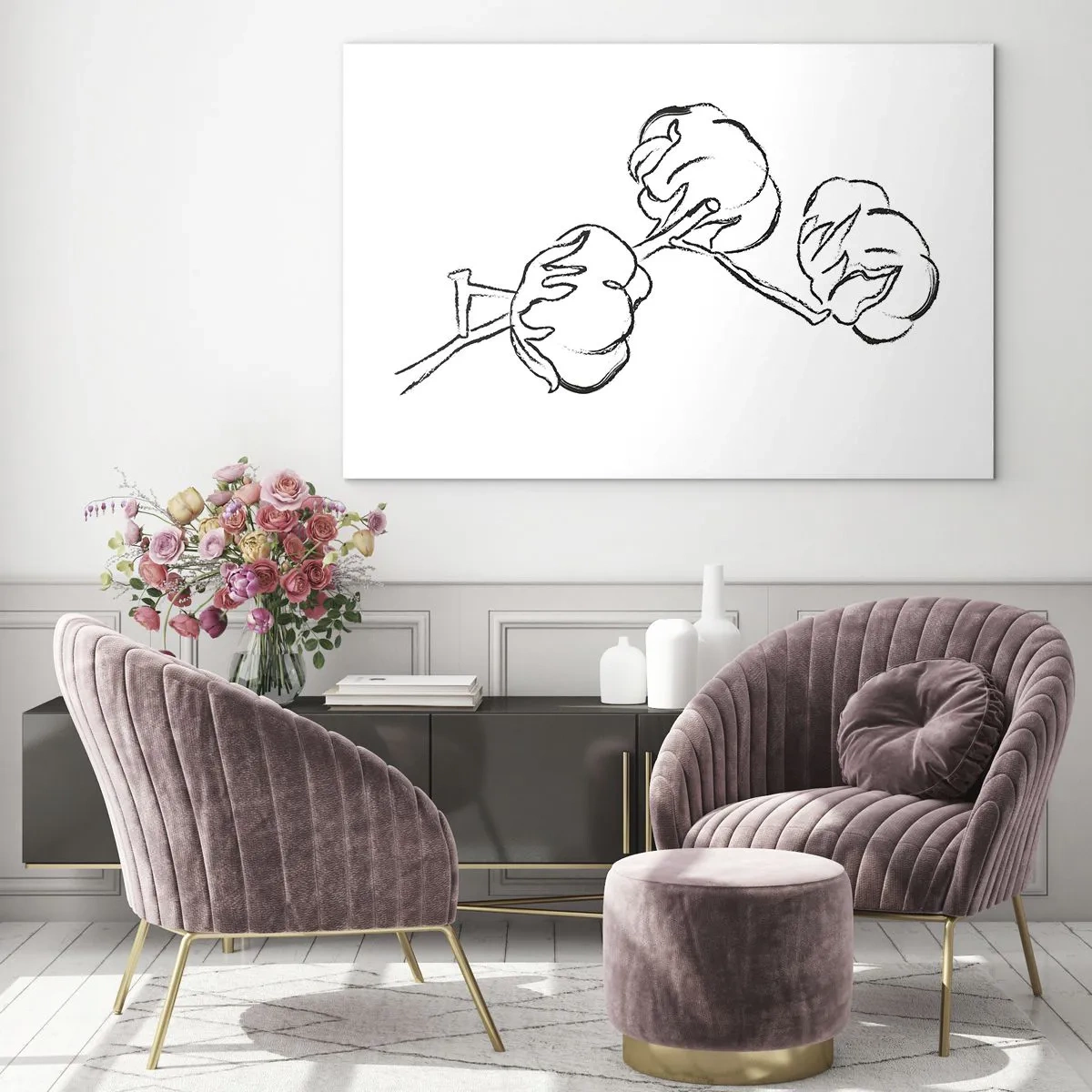 Obraz na szkle - Minimalistyczny szkic gałązki bawełny w czarnej linii - 70x50cm - Bawełniany puch - Nowoczesna dekoracja ścienna do salonu i sypialni ARTTOR
