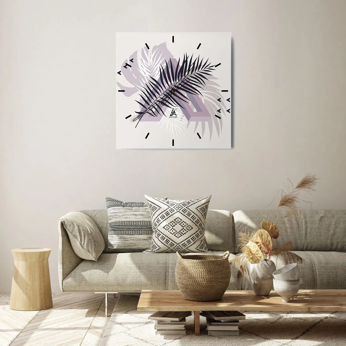Zegar ścienny - Minimalistyczna kompozycja z liśćmi i geometrycznymi kształtami - 30x30cm - Cień cienia - Nowoczesna dekoracja ścienna do salonu i sypialni ARTTOR