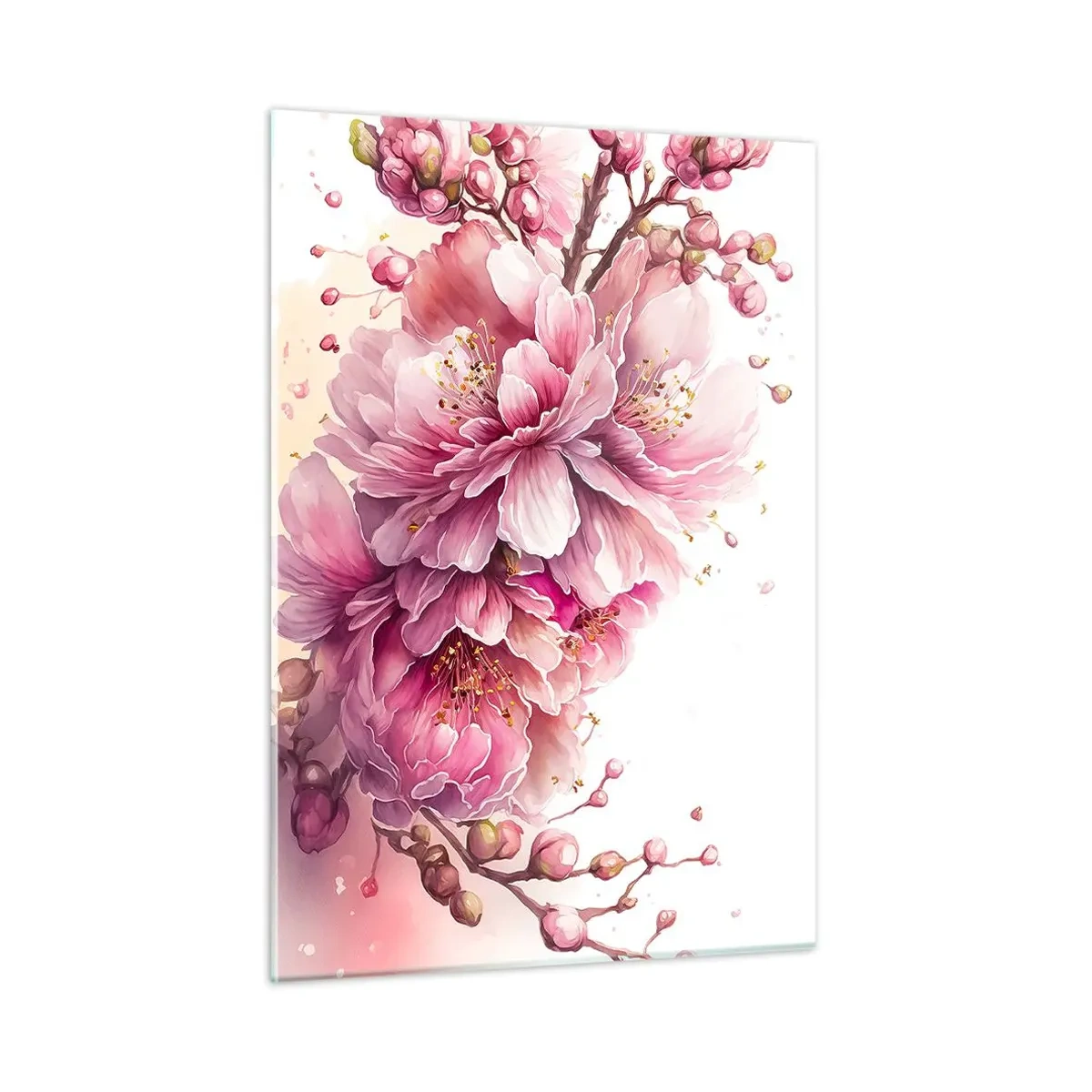Obraz na szkle - Różowe kwiaty wiśni w pełnym rozkwicie na jasnym tle - 50x70cm - Kwiat kwitnącej wiśni - Nowoczesna dekoracja ścienna do salonu, kuchni i sypialni ARTTOR