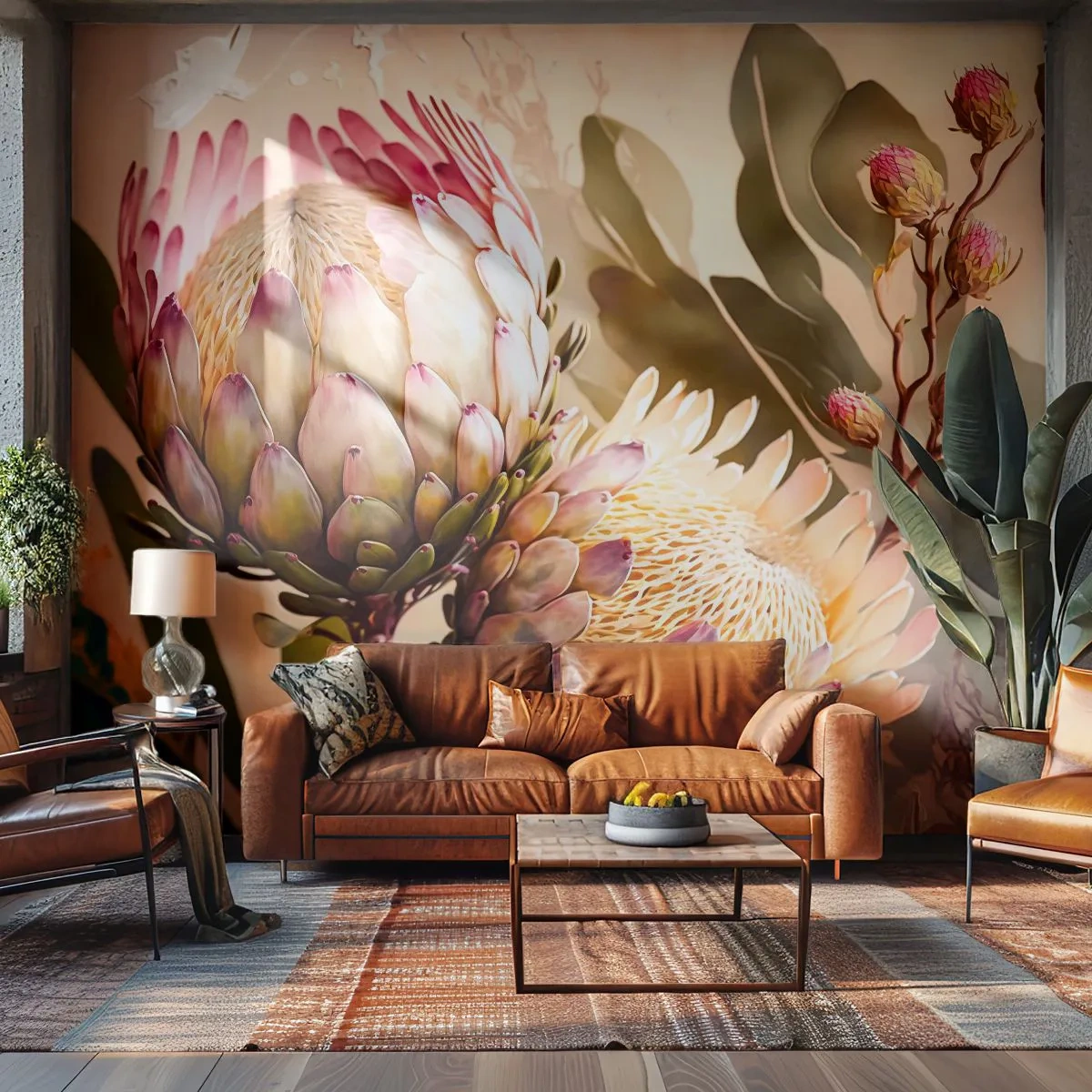 Fototapeta Premium Sand - Dwa kwiaty protei w pastelowej, akwarelowej stylistyce - 100x70cm - Czule objęte - Nowoczesna dekoracja ścienna do salonu, kuchni i sypialni ARTTOR
