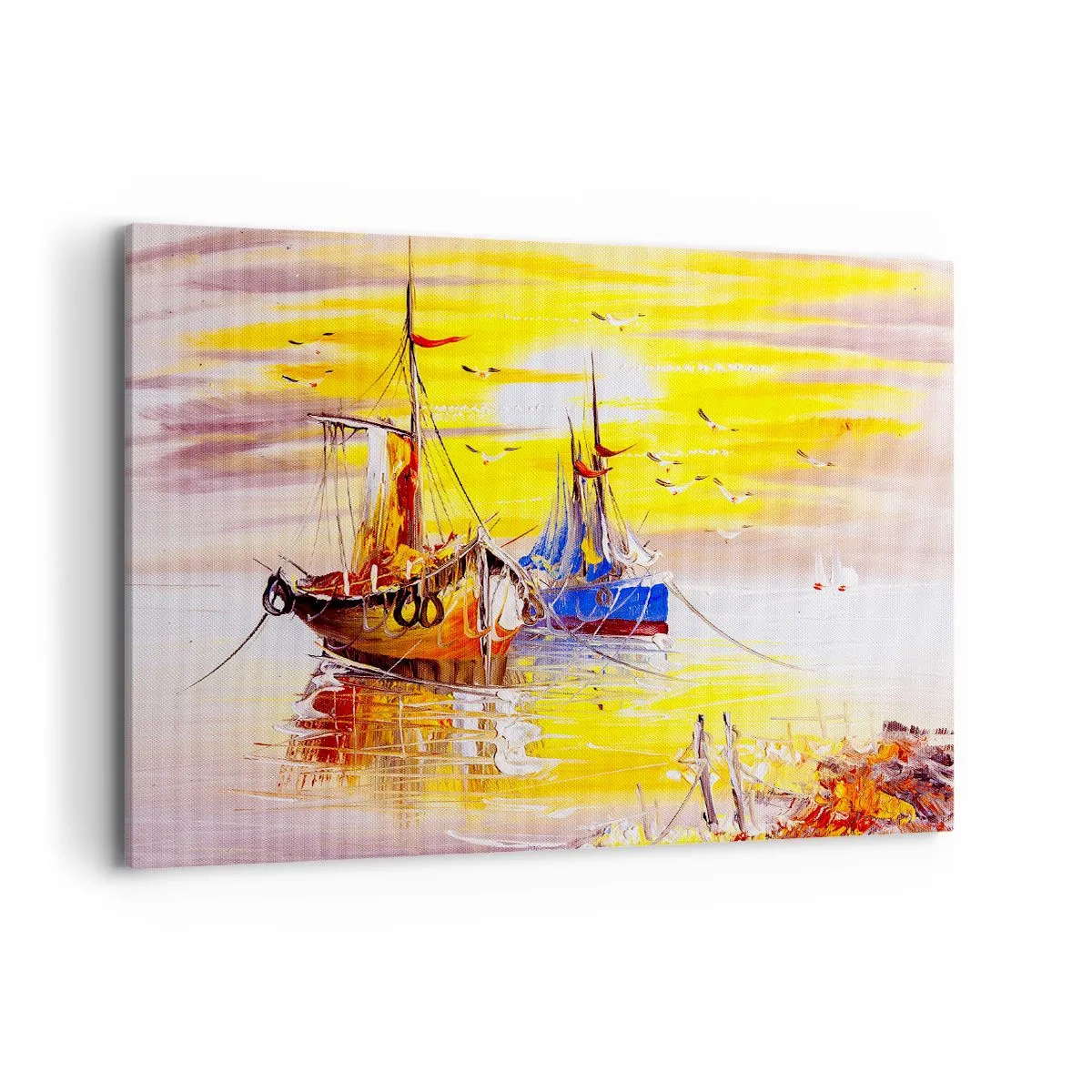 Obraz na płótnie - Malarska scena z łodziami na spokojnym morzu - 100x70cm - Zasłużony odpoczynek w porcie - Nowoczesna dekoracja ścienna do salonu, kuchni i sypialni ARTTOR