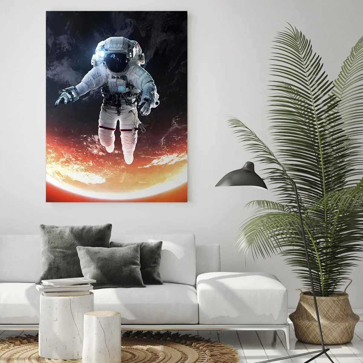 Obraz na szkle - Astronauta w przestrzeni kosmicznej na tle planety - 50x70cm - Mogę zostać jeszcze chwilę? - Nowoczesna dekoracja ścienna do salonu, kuchni i sypialni ARTTOR