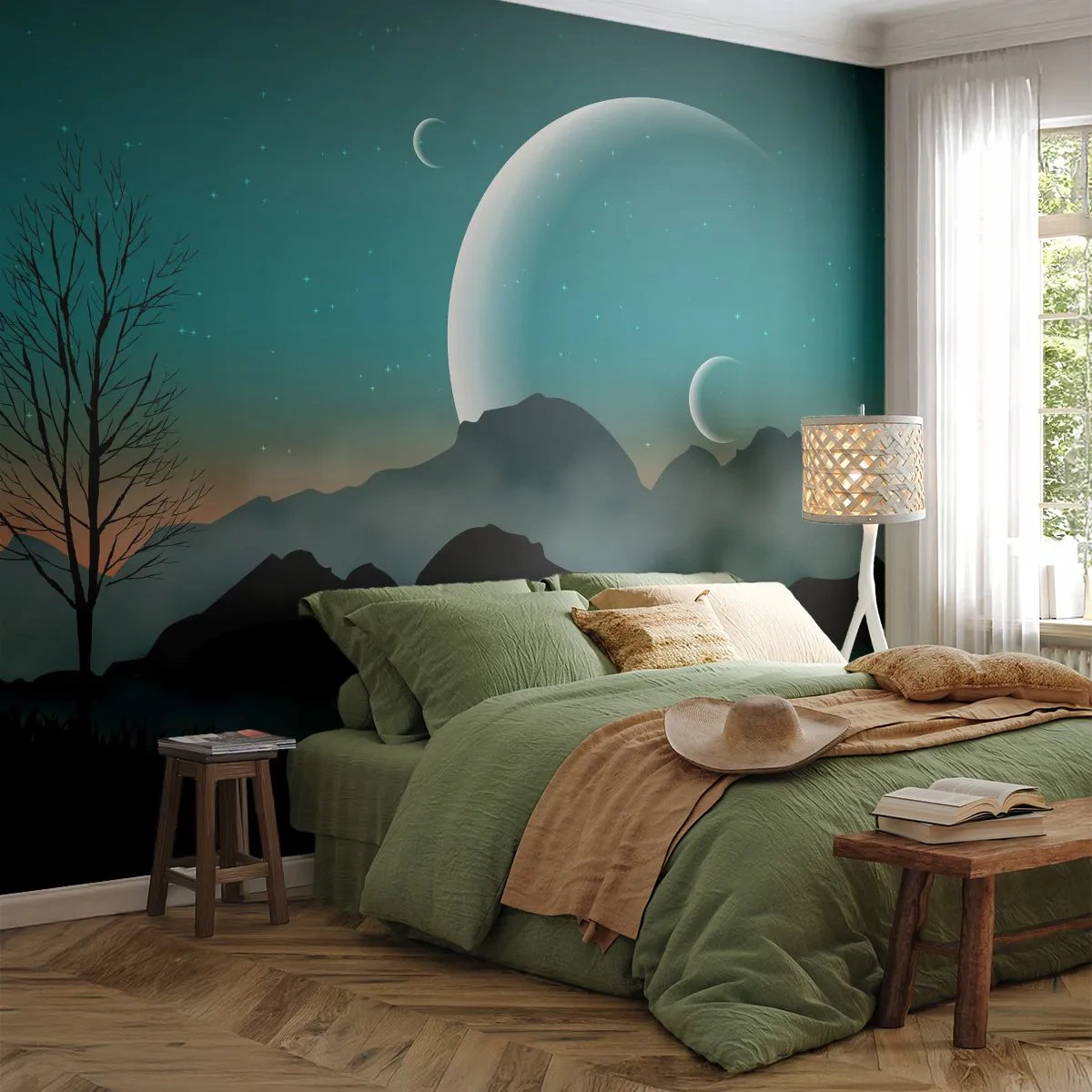 Fototapeta Premium Sand - Fantastyczny krajobraz z księżycami nad górskim pejzażem - 100x70cm - Karnawał gwiaździstej nocy - Nowoczesna dekoracja ścienna do salonu, kuchni i sypialni ARTTOR
