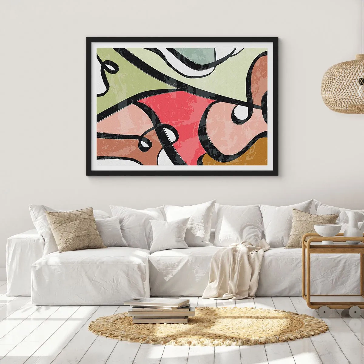 Plakat w czarnej ramie - Kolorowe abstrakcyjne kształty z czarnymi liniami - 70x50cm - Piruety wśród barw - Nowoczesna dekoracja ścienna do salonu i sypialni ARTTOR
