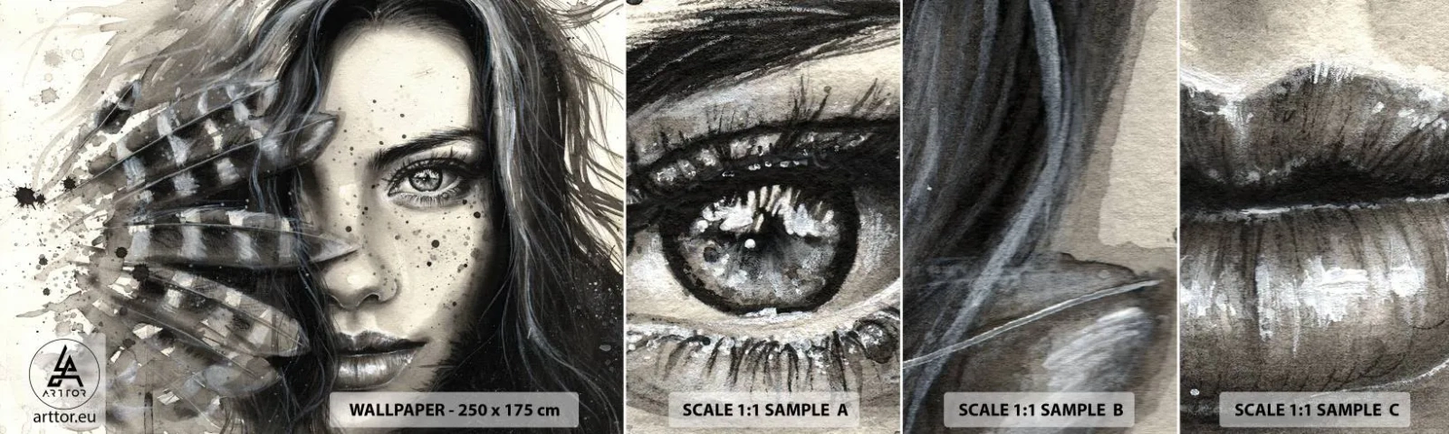 Fototapeta Próbka Standard Eco - Dzika piękność - Kobieta, Ptasie Pióra, Grafika - 100x30 cm