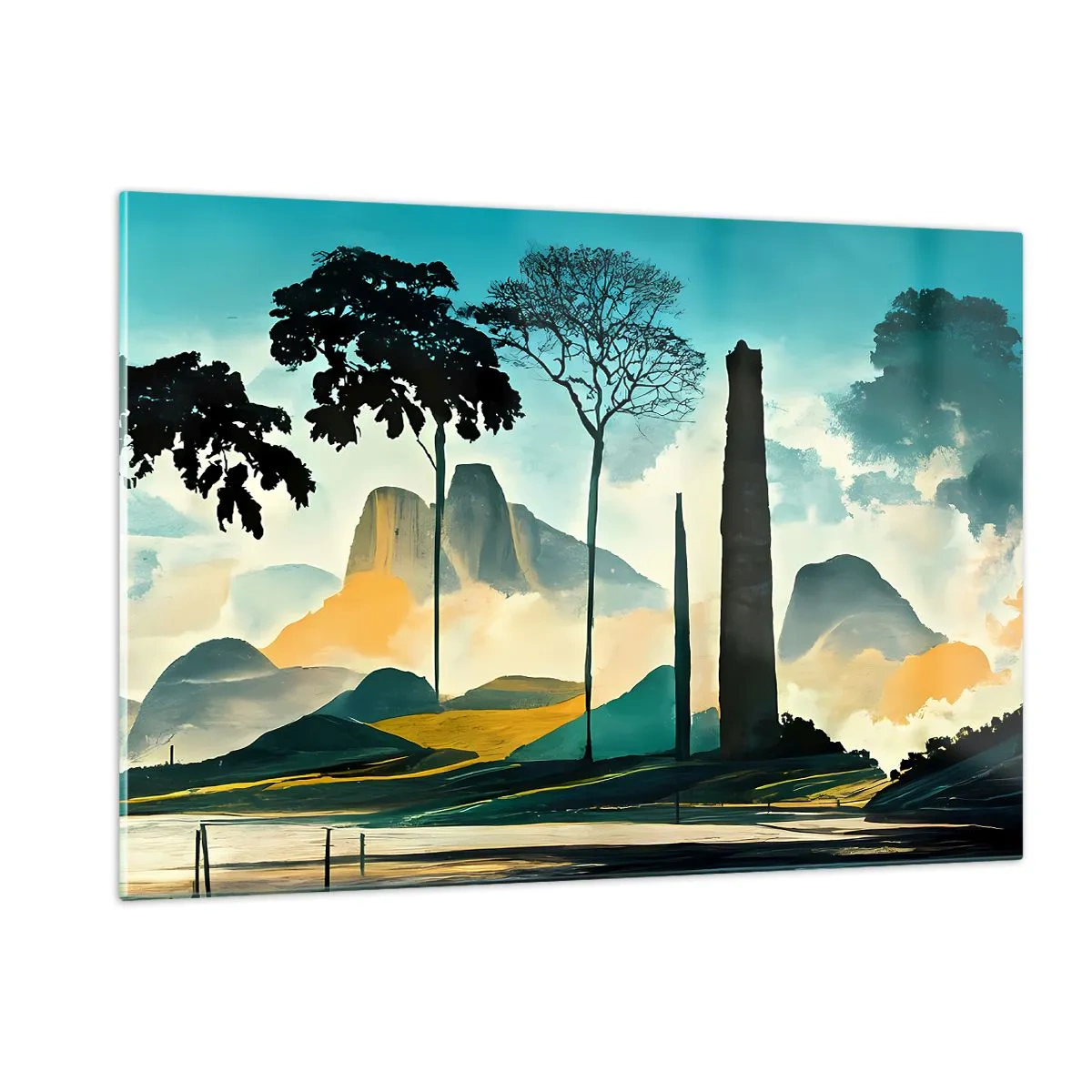 Obraz na szkle - Fantazyjny pejzaż z górami, drzewami i strzelistą skałą - 120x80cm - Wciąż wyżej i wyżej - Nowoczesna dekoracja ścienna do salonu, kuchni i sypialni ARTTOR