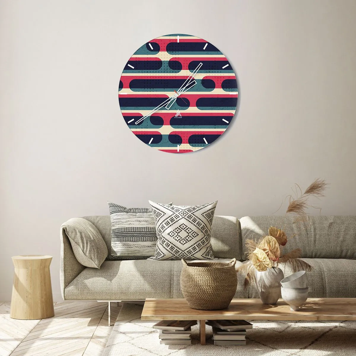 Zegar ścienny - Abstrakcyjny wzór w stylu retro z kolorowymi paskami - 30x30cm - W głąb i do przodu - Nowoczesna dekoracja ścienna do salonu, kuchni i sypialni ARTTOR