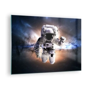 Obraz na szkle - Astronauta w przestrzeni kosmicznej na tle galaktyki - 70x50cm - Pozdrowienia z kosmosu - Nowoczesna dekoracja ścienna do salonu i sypialni ARTTOR