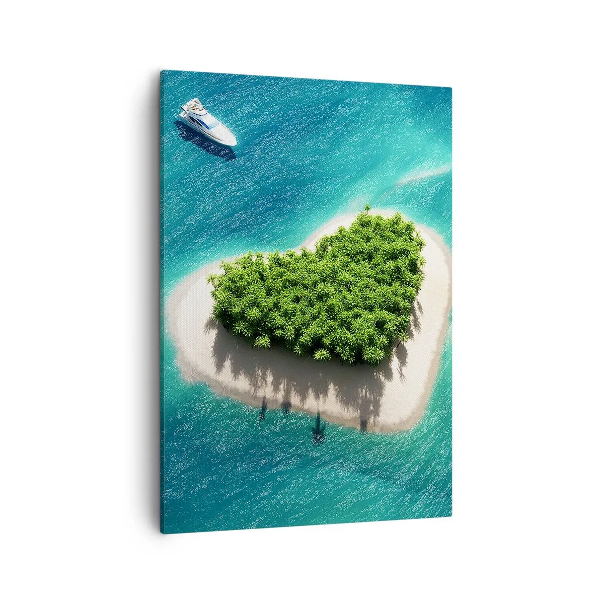 Obraz na płótnie - Wyspa w kształcie serca otoczona turkusową wodą z jachtem - 50x70cm - Kocham lato - Nowoczesna dekoracja ścienna do salonu, kuchni i sypialni ARTTOR