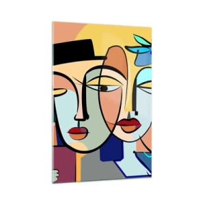 Obraz na szkle - Kubistyczne portrety w żywych kolorach z kwiatowym motywem - 70x100cm - Picassowskie randez vous - Nowoczesna dekoracja ścienna do salonu i sypialni ARTTOR