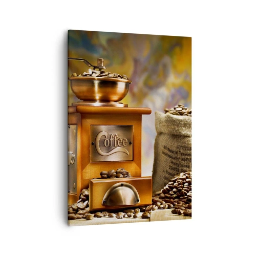 Obraz na płótnie - Drewniany młynek do kawy i rozsypane ziarna - 50x70cm - Chrzęst ziaren, terkot młynka - Nowoczesna dekoracja ścienna do salonu, kuchni i sypialni ARTTOR