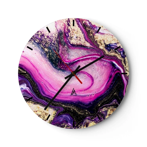 Zegar ścienny - Abstrakcyjny wzór w odcieniach fioletu i złota z wirującym motywem - 30x30cm - Chwila za kulisami - Nowoczesna dekoracja ścienna do salonu, kuchni i sypialni ARTTOR