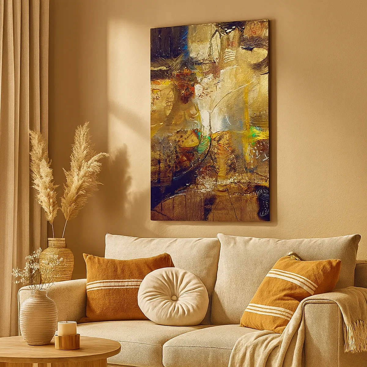 Obraz na płótnie - Abstrakcyjna kompozycja w złocistych i brązowych tonacjach - 50x70cm - Zimno, cieplej, gorąco - Nowoczesna dekoracja ścienna do salonu, kuchni i sypialni ARTTOR