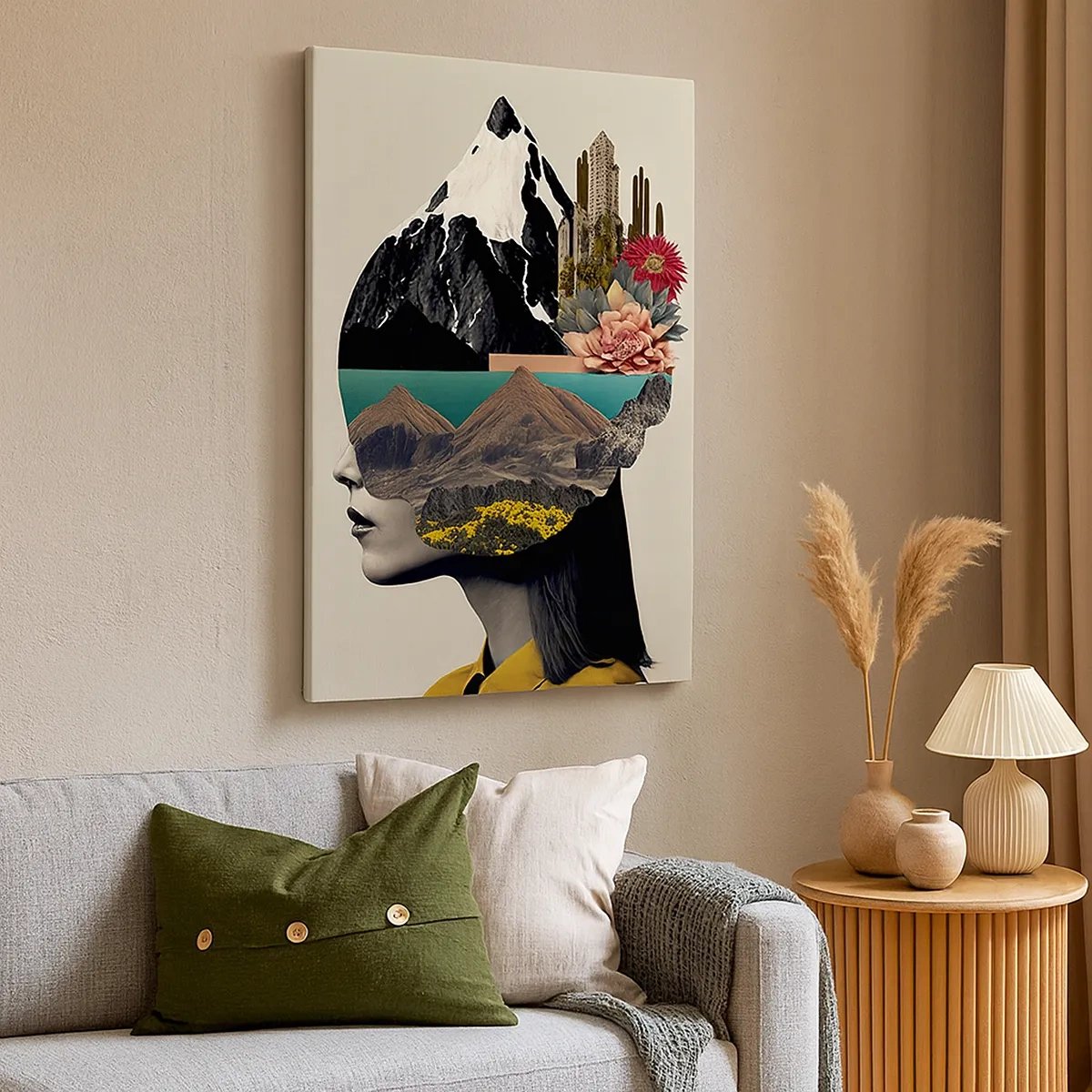 Obraz na płótnie - Kolaż kobiecej sylwetki z elementami krajobrazu, gór i roślinności - 50x70cm - Kobieta – zawsze tajemnica - Nowoczesna dekoracja ścienna do salonu, kuchni i sypialni ARTTOR