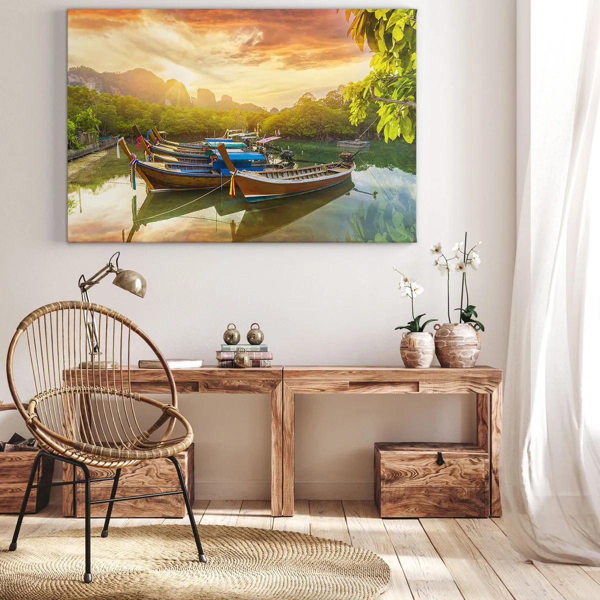 Obraz na płótnie - Tradycyjne łodzie na spokojnej wodzie o zachodzie słońca - 100x70cm - Przed pracowitym dniem - Nowoczesna dekoracja ścienna do salonu, kuchni i sypialni ARTTOR
